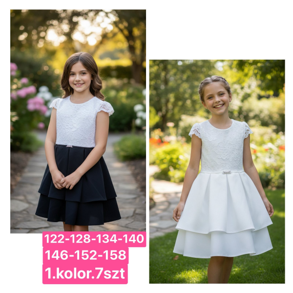 Sukienki dziewczęce Roz 122-158, 1 kolor Paczka 7 szt